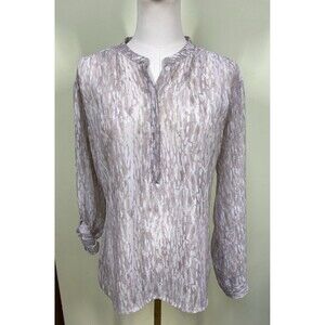 a.n.a. A New Approach Sz M Taupe Abstract Roll Tab Sleeve Sheer Blouse Career